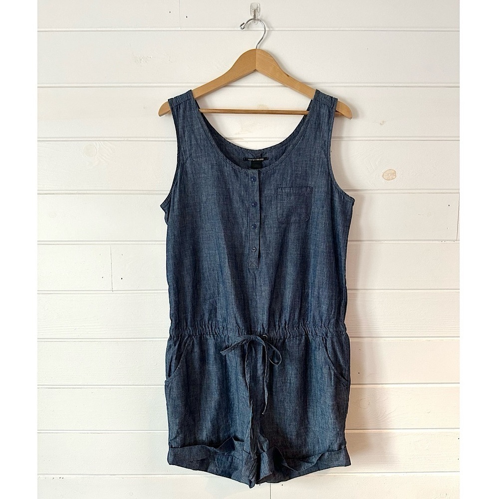 Lucky Brand Chambray Cotton Denim Romper Button Front Tie Waist Sz L